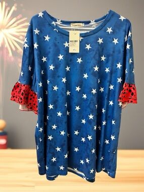 Women’s Boutique Blue Star Print Tee with Red Ruffle Sleeves Size 3X